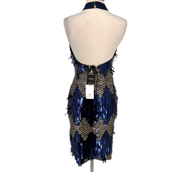 L'Atiste Metallic Halter Honeycomb Dress Blue Gold Size Large NWT - Picture 7 of 11